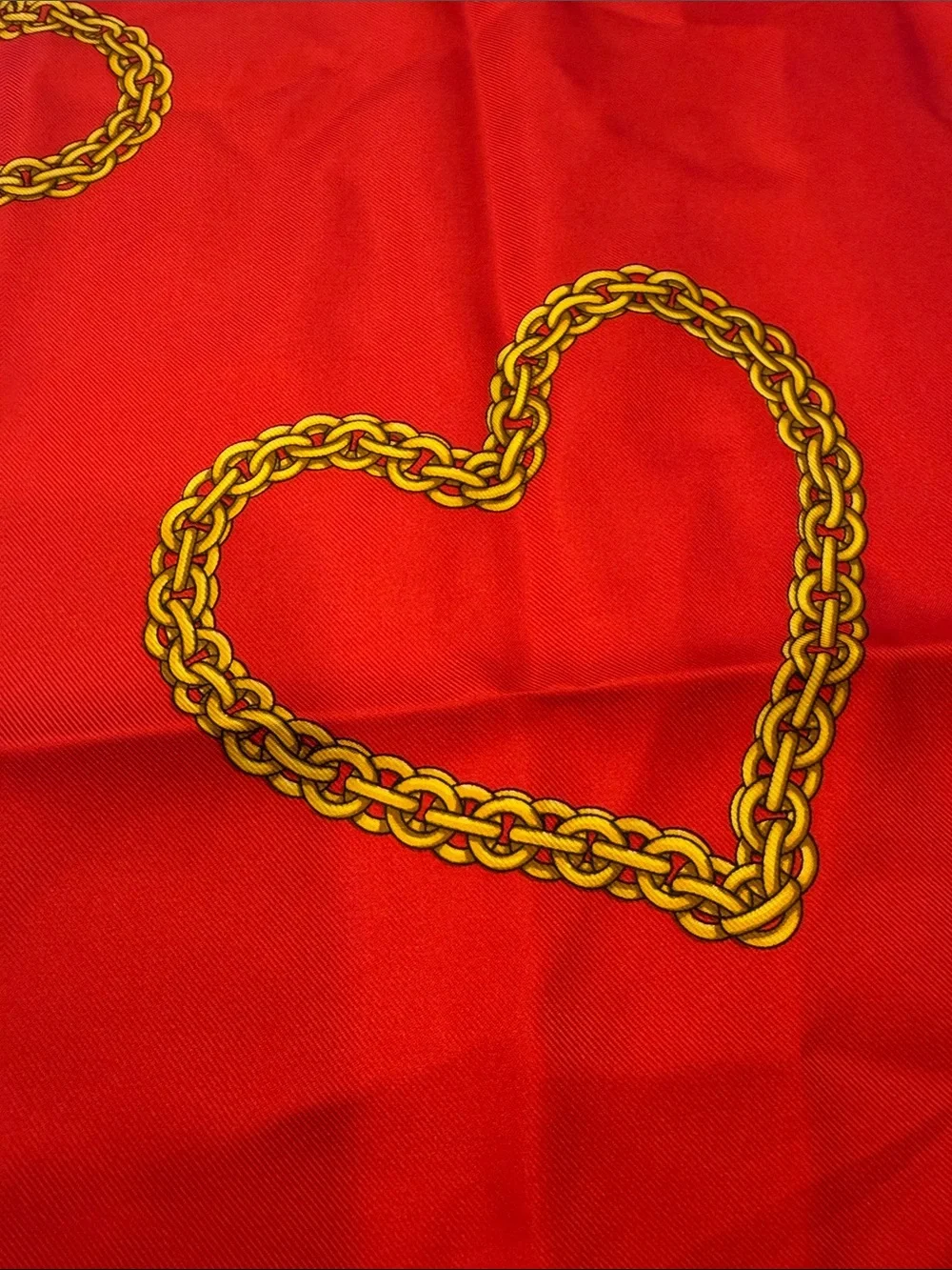 Vintage Paloma Picasso silk‎ scarf Red with Gold Chain Hearts